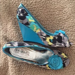 Blue, yellow, black wedge heels